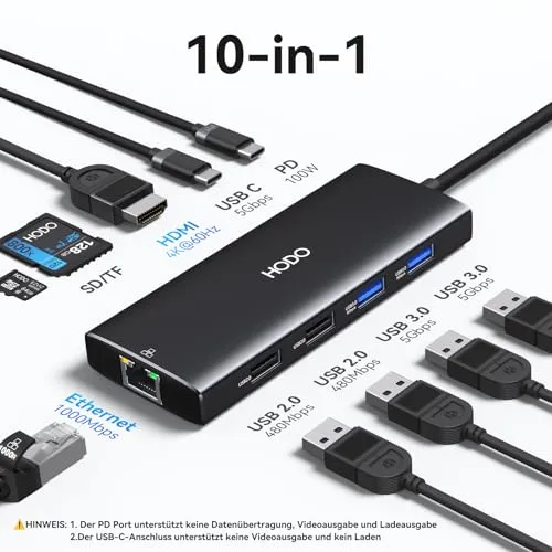 HODO USB C Hub Ethernet für MacBook Air/Pro, Adapter Mac Zubehör 10 in 1