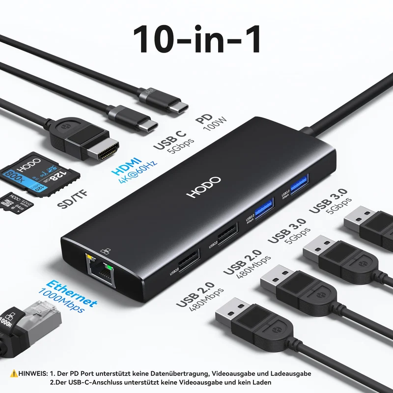 HODO USB C Hub Ethernet für MacBook Air/Pro, Adapter Mac Zubehör 10 in 1