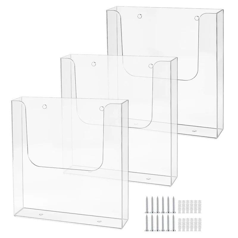 3 Stück Prospekthalter Wand A4, Acryl Flyerhalter Wand Magazinhalter A4 Wandprospekthalter, Transparent Zeitschriftenhalter Hängend mit Schrauben für Büro Restaurant Rezeption