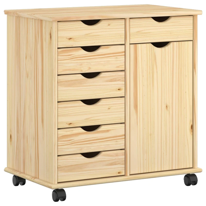 Makastle Rollschrank für Homeoffice, 63,5 x 39 x 65,5 cm, Braun, Massivholz Kiefer, mit 7 Schubladen und 1 Tür, auf Rollen