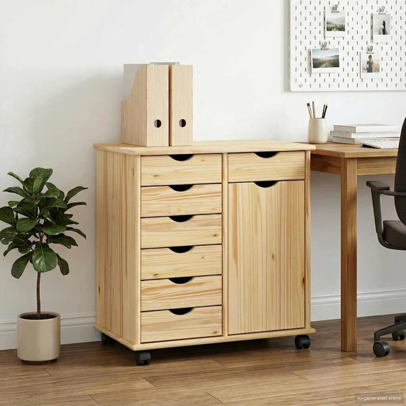 Makastle Rollschrank für Homeoffice, 63,5 x 39 x 65,5 cm, Braun, Massivholz Kiefer, mit 7 Schubladen und 1 Tür, auf Rollen