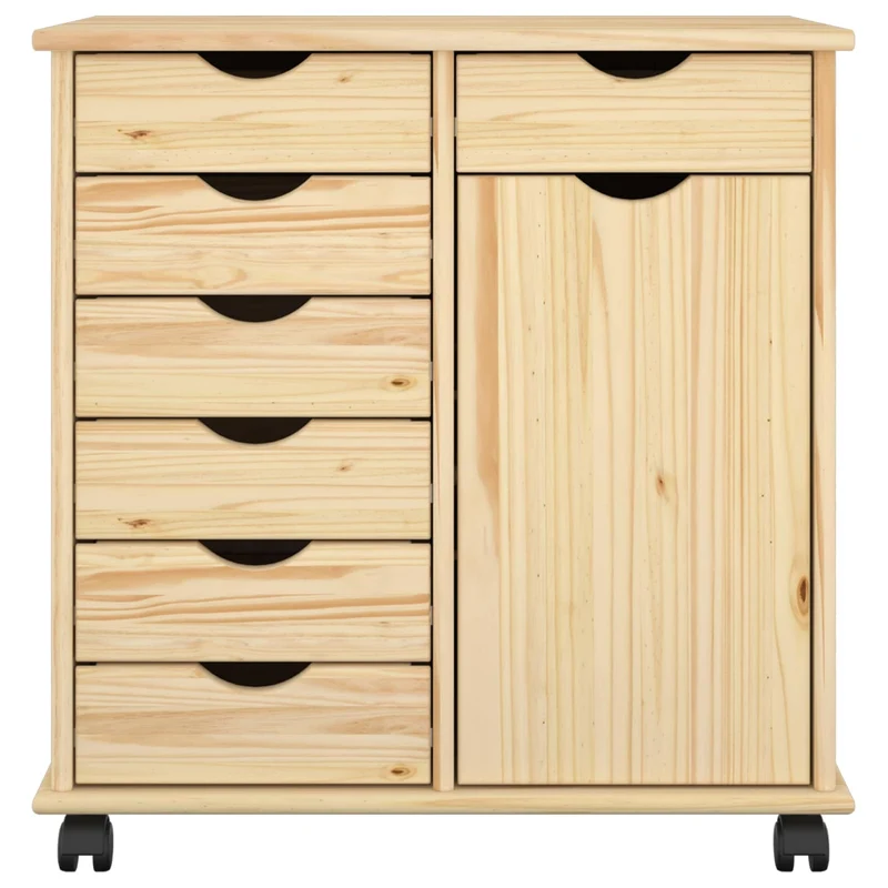 Makastle Rollschrank für Homeoffice, 63,5 x 39 x 65,5 cm, Braun, Massivholz Kiefer, mit 7 Schubladen und 1 Tür, auf Rollen
