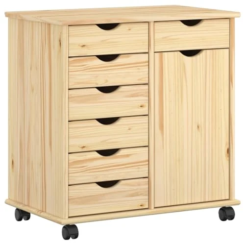 Makastle Rollschrank für Homeoffice, 63,5 x 39 x 65,5 cm, Braun, Massivholz Kiefer, mit 7 Schubladen und 1 Tür, auf Rollen