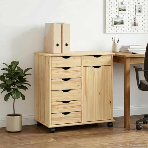Makastle Rollschrank für Homeoffice, 63,5 x 39 x 65,5 cm, Braun, Massivholz Kiefer, mit 7 Schubladen und 1 Tür, auf Rollen
