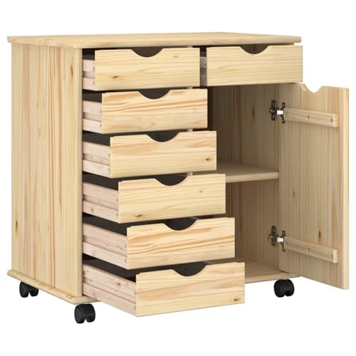 Makastle Rollschrank für Homeoffice, 63,5 x 39 x 65,5 cm, Braun, Massivholz Kiefer, mit 7 Schubladen und 1 Tür, auf Rollen