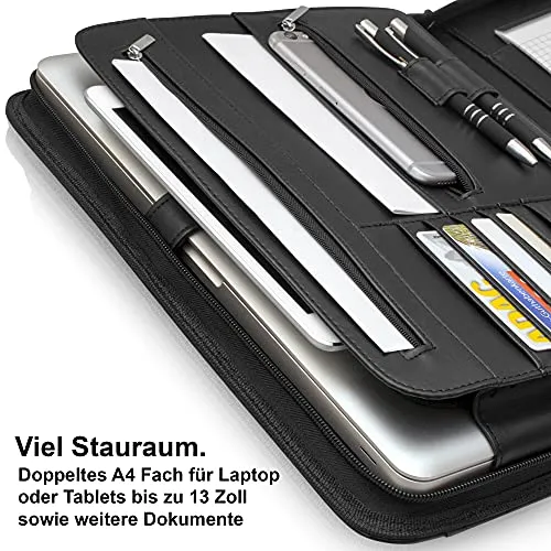 Business Schreibmappe A4 'Falcon' - Hochwertige Businessmappe mit Reißverschluss - inkl. Kreditkartenetui + weiteren EXTRAS - Dokumentenmappe aus hochwertigem Kunstleder in Schwarz