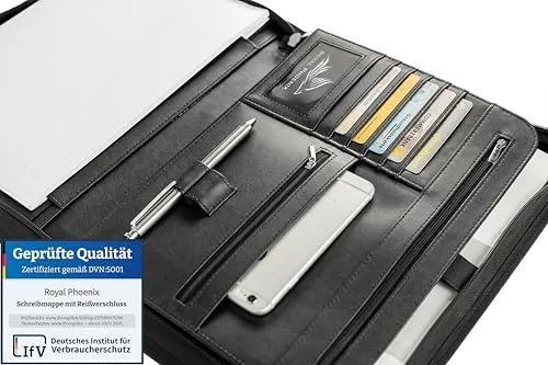 Business Schreibmappe A4 'Falcon' - Hochwertige Businessmappe mit Reißverschluss - inkl. Kreditkartenetui + weiteren EXTRAS - Dokumentenmappe aus hochwertigem Kunstleder in Schwarz