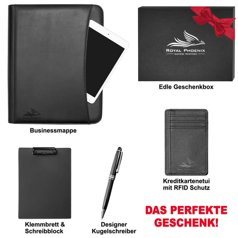 Business Schreibmappe A4 'Falcon' - Hochwertige Businessmappe mit Reißverschluss - inkl. Kreditkartenetui + weiteren EXTRAS - Dokumentenmappe aus hochwertigem Kunstleder in Schwarz