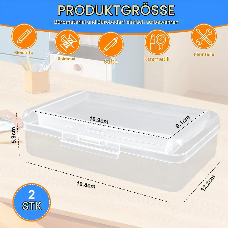2 Stück Stiftebox Transparent Sortierbox Stifte Boxen 20,5 x 12 x 6cm