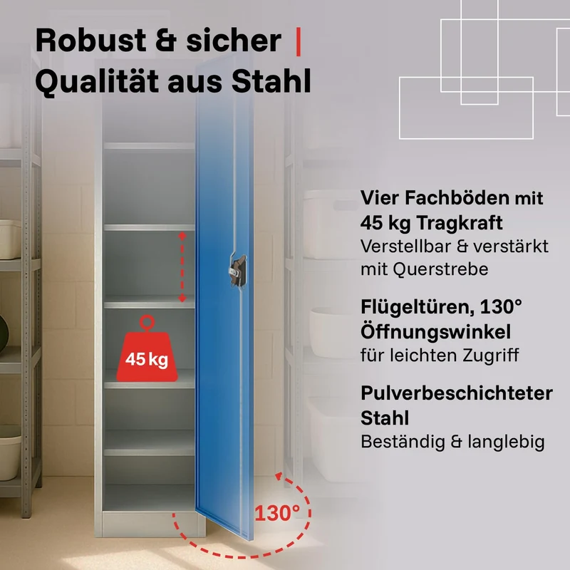 LagerZwei Mehrzweckschrank 185x50x50cm I Metallschrank, 4 Fachböden I Aktenschrank abschließbar I Robuster Allzweckschrank als Spind, Werkstattschrank & Kellerschrank I Stahlschrank blau-weiß