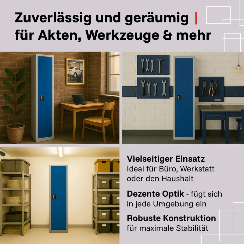 LagerZwei Mehrzweckschrank 185x50x50cm I Metallschrank, 4 Fachböden I Aktenschrank abschließbar I Robuster Allzweckschrank als Spind, Werkstattschrank & Kellerschrank I Stahlschrank blau-weiß