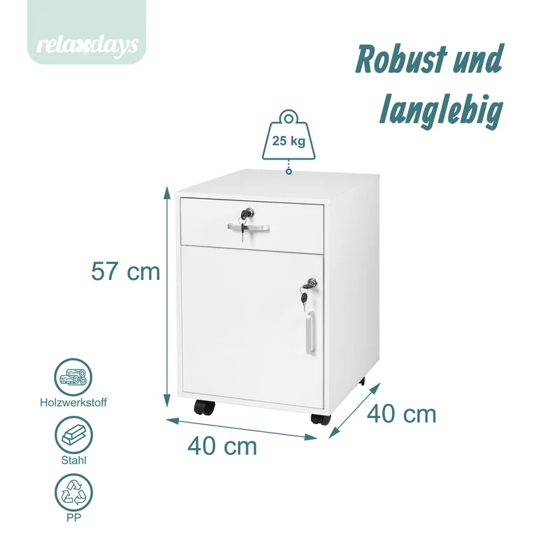 Relaxdays Rollcontainer, Schublade & Türfach, HxBxT: 57 x 40 x 40 cm, abschließbar, Aktenschrank auf Rollen, Farbwahl