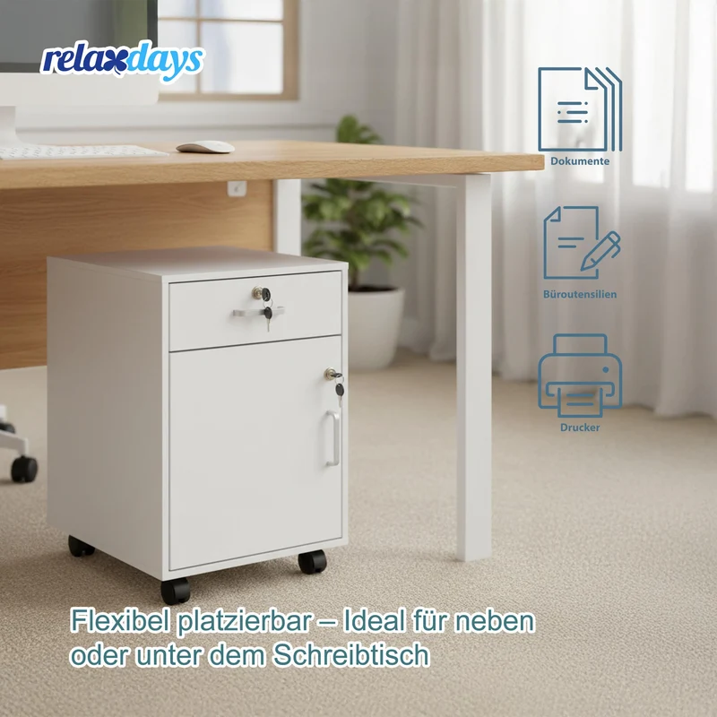 Relaxdays Rollcontainer, Schublade & Türfach, HxBxT: 57 x 40 x 40 cm, abschließbar, Aktenschrank auf Rollen, Farbwahl