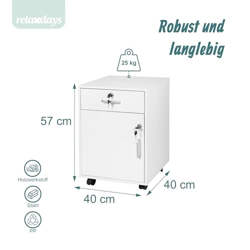 Relaxdays Rollcontainer, Schublade & Türfach, HxBxT: 57 x 40 x 40 cm, abschließbar, Aktenschrank auf Rollen, Farbwahl
