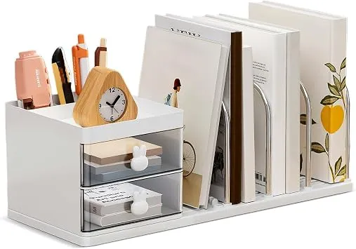 Schreibtisch Organizer mit 2 Schubladen, Stifte Organizer mit Ablagefächer, Schreibtischablage mit 4 Zeitschriftenhalter, Schreibtisch Zubehör für Bürobedarf Dokumentenablage (Weiß)