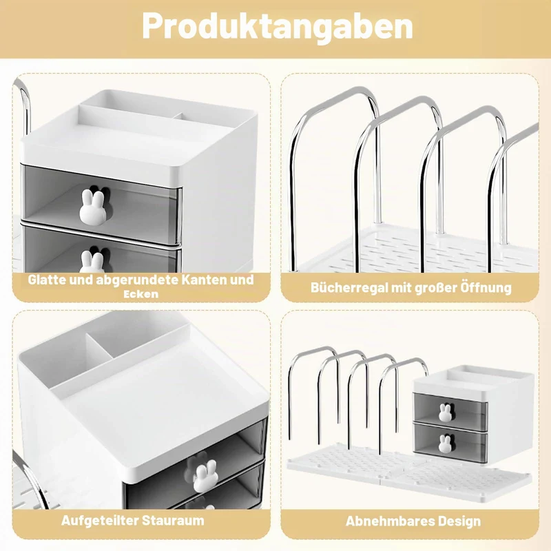 Schreibtisch Organizer mit 2 Schubladen, Stifte Organizer mit Ablagefächer, Schreibtischablage mit 4 Zeitschriftenhalter, Schreibtisch Zubehör für Bürobedarf Dokumentenablage (Weiß)