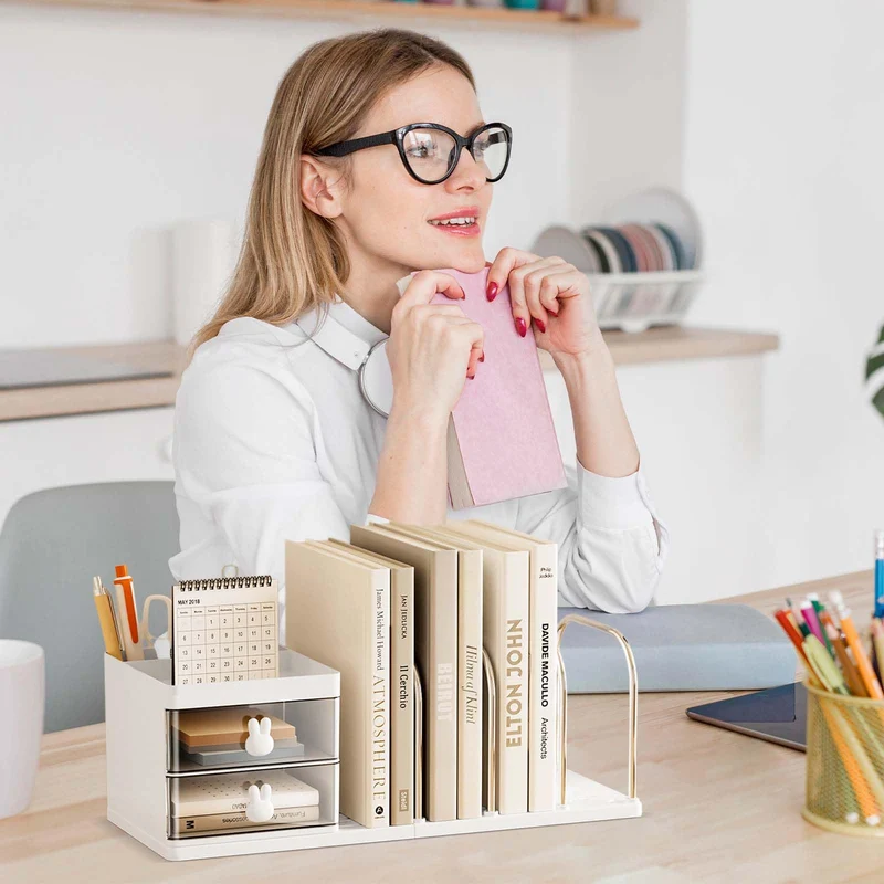 Schreibtisch Organizer mit 2 Schubladen, Stifte Organizer mit Ablagefächer, Schreibtischablage mit 4 Zeitschriftenhalter, Schreibtisch Zubehör für Bürobedarf Dokumentenablage (Weiß)
