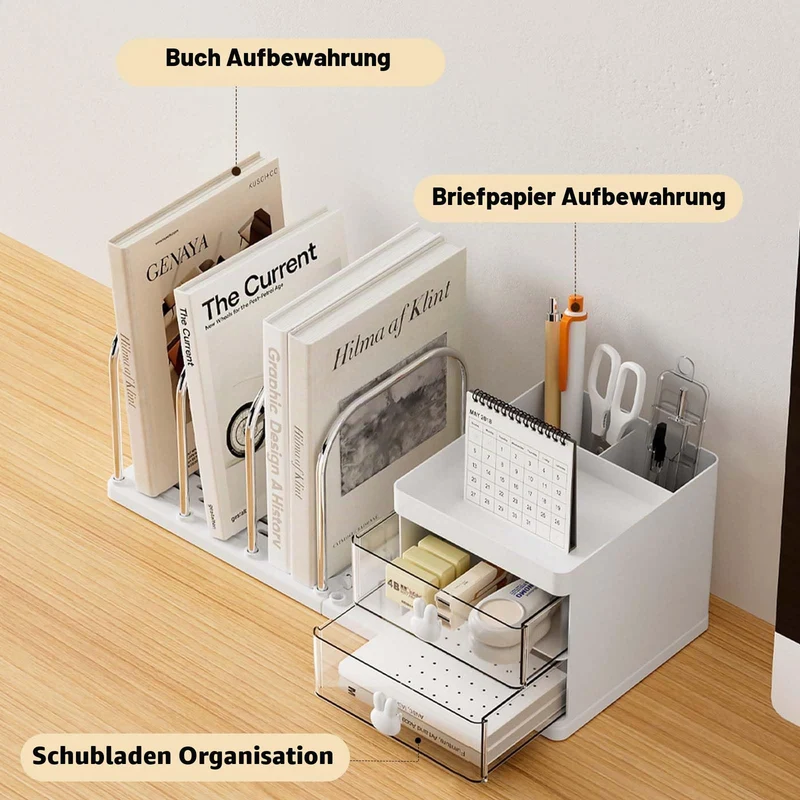 Schreibtisch Organizer mit 2 Schubladen, Stifte Organizer mit Ablagefächer, Schreibtischablage mit 4 Zeitschriftenhalter, Schreibtisch Zubehör für Bürobedarf Dokumentenablage (Weiß)