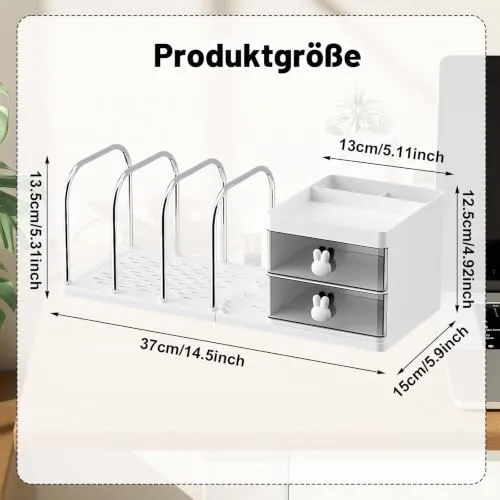 Schreibtisch Organizer mit 2 Schubladen, Stifte Organizer mit Ablagefächer, Schreibtischablage mit 4 Zeitschriftenhalter, Schreibtisch Zubehör für Bürobedarf Dokumentenablage (Weiß)