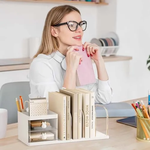 Schreibtisch Organizer mit 2 Schubladen, Stifte Organizer mit Ablagefächer, Schreibtischablage mit 4 Zeitschriftenhalter, Schreibtisch Zubehör für Bürobedarf Dokumentenablage (Weiß)