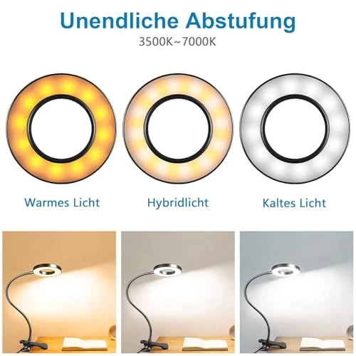LED Leselampe Buch Klemme für Schreibtisch & Bett • 48 LEDs, 10 Helligkeitsstufen & 3 Farbtemperatur Modi, Augenschonende Klemmlampe mit USB-Betrieb, Flexibler Schwanenhals (40cm) für Kopfende