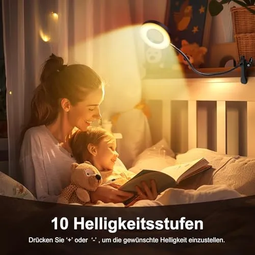LED Leselampe Buch Klemme für Schreibtisch & Bett • 48 LEDs, 10 Helligkeitsstufen & 3 Farbtemperatur Modi, Augenschonende Klemmlampe mit USB-Betrieb, Flexibler Schwanenhals (40cm) für Kopfende