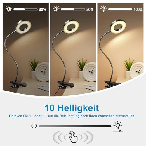 LED Leselampe Buch Klemme für Schreibtisch & Bett • 48 LEDs, 10 Helligkeitsstufen & 3 Farbtemperatur Modi, Augenschonende Klemmlampe mit USB-Betrieb, Flexibler Schwanenhals (40cm) für Kopfende