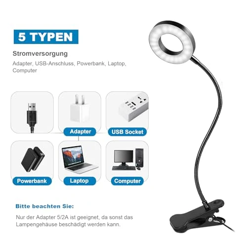 LED Leselampe Buch Klemme für Schreibtisch & Bett • 48 LEDs, 10 Helligkeitsstufen & 3 Farbtemperatur Modi, Augenschonende Klemmlampe mit USB-Betrieb, Flexibler Schwanenhals (40cm) für Kopfende