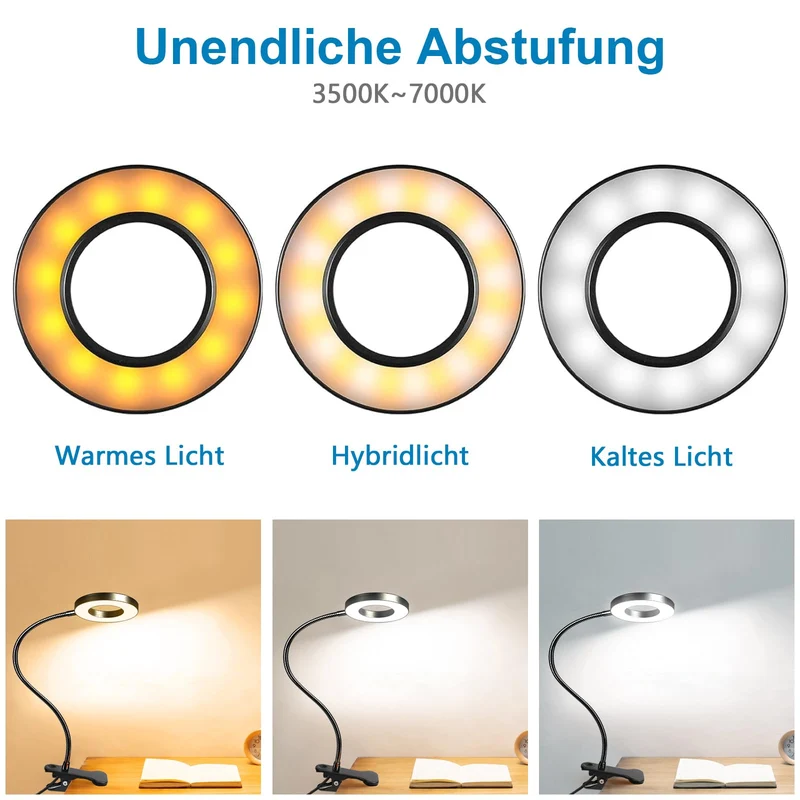 LED Leselampe Buch Klemme für Schreibtisch & Bett • 48 LEDs, 10 Helligkeitsstufen & 3 Farbtemperatur Modi, Augenschonende Klemmlampe mit USB-Betrieb, Flexibler Schwanenhals (40cm) für Kopfende