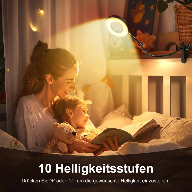 LED Leselampe Buch Klemme für Schreibtisch & Bett • 48 LEDs, 10 Helligkeitsstufen & 3 Farbtemperatur Modi, Augenschonende Klemmlampe mit USB-Betrieb, Flexibler Schwanenhals (40cm) für Kopfende