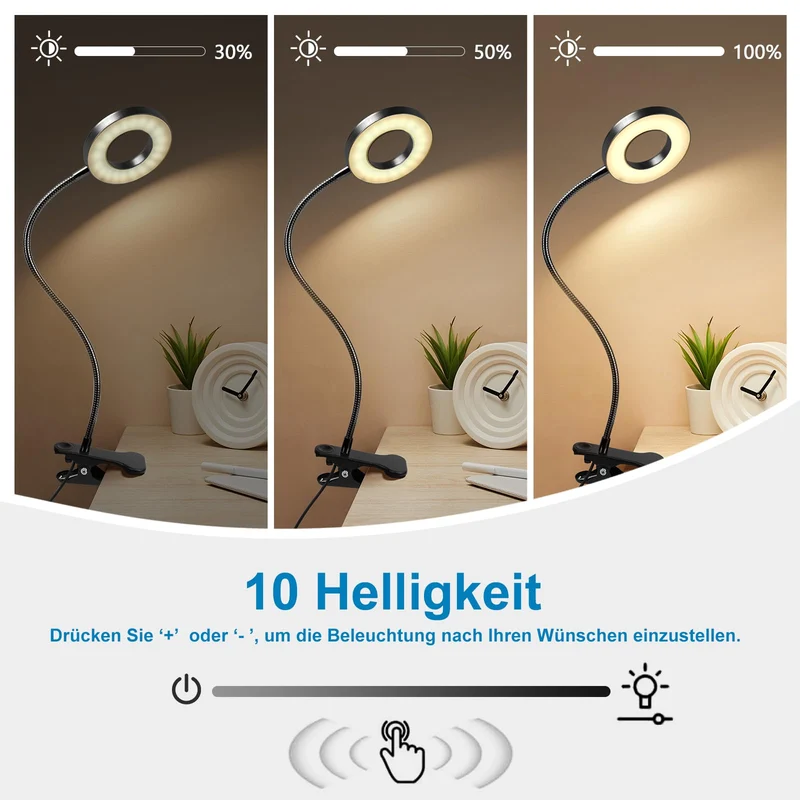 LED Leselampe Buch Klemme für Schreibtisch & Bett • 48 LEDs, 10 Helligkeitsstufen & 3 Farbtemperatur Modi, Augenschonende Klemmlampe mit USB-Betrieb, Flexibler Schwanenhals (40cm) für Kopfende