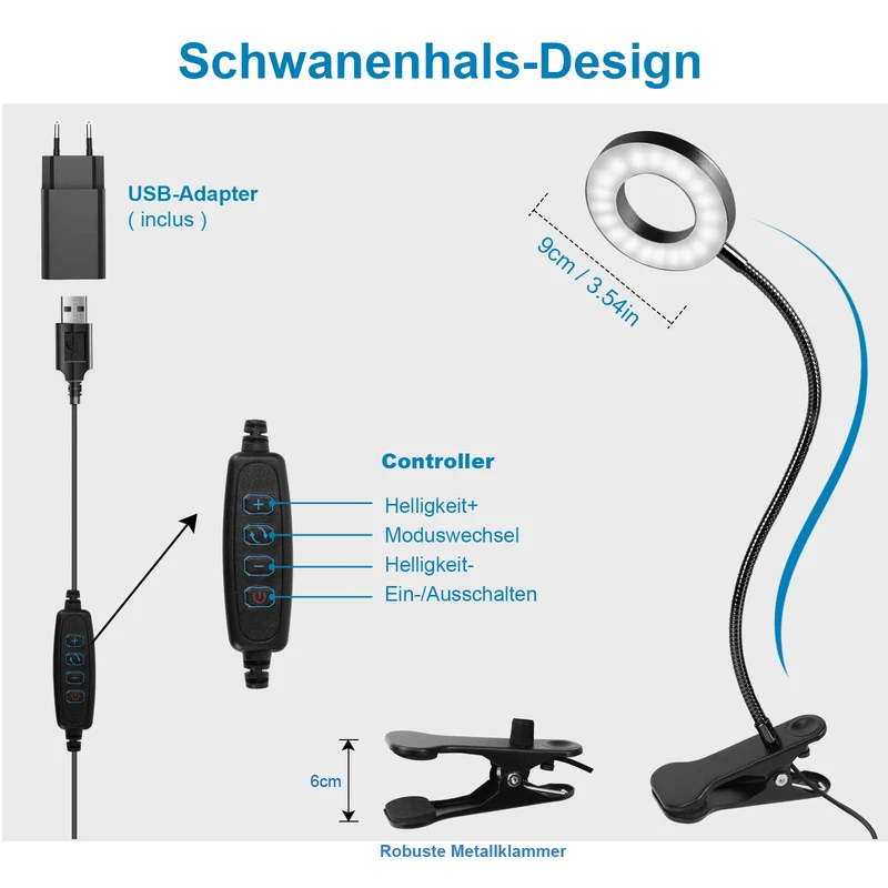 LED Leselampe Buch Klemme für Schreibtisch & Bett • 48 LEDs, 10 Helligkeitsstufen & 3 Farbtemperatur Modi, Augenschonende Klemmlampe mit USB-Betrieb, Flexibler Schwanenhals (40cm) für Kopfende