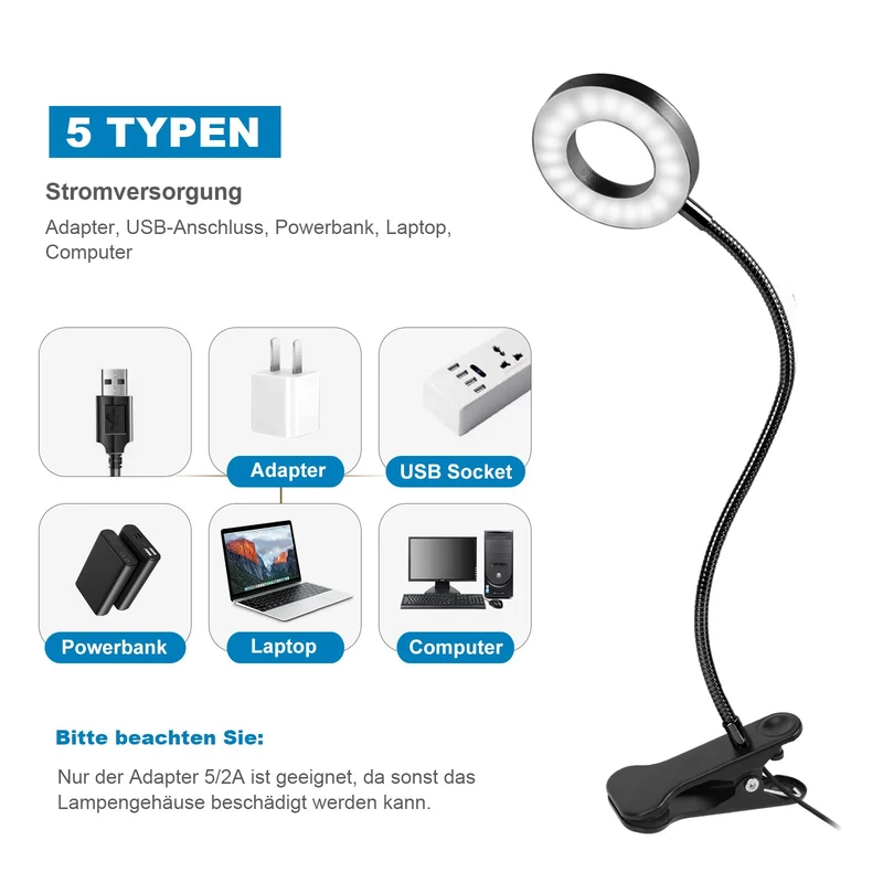LED Leselampe Buch Klemme für Schreibtisch & Bett • 48 LEDs, 10 Helligkeitsstufen & 3 Farbtemperatur Modi, Augenschonende Klemmlampe mit USB-Betrieb, Flexibler Schwanenhals (40cm) für Kopfende