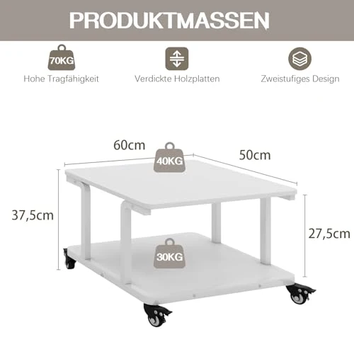 PUNCIA Druckertisch mit 2 Ebenen Druckerständer auf Rollen 60 x 50 cm
