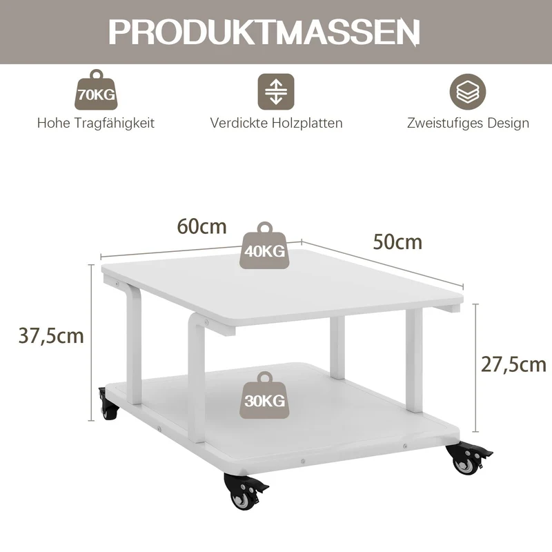 PUNCIA Druckertisch mit 2 Ebenen Druckerständer auf Rollen 60 x 50 cm