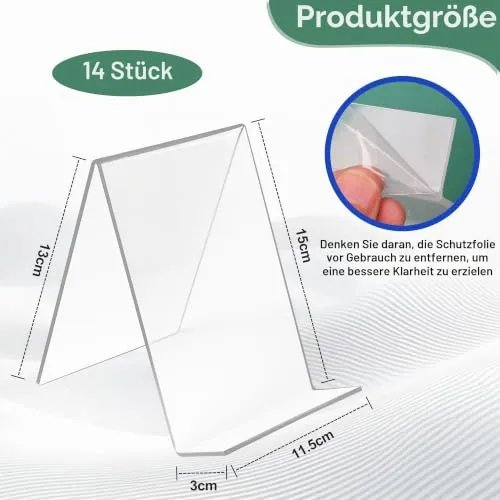 14 Stück Buchständer Acryl, 10 x 11.5 x 13 cm Transparente Buchstützen, 3mm Verstärkt Stabiler Bücherstütze, Multifunktionaler Book Stand für Büro, Schule, Bibliothek Bookends, Buchhalter Regal