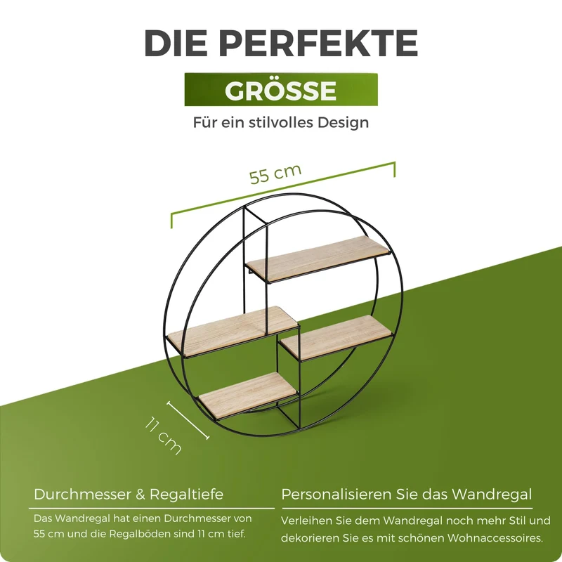 Intimo Living Schwarzes Industrial Wandregal aus Holz und Metall - Edles, rundes Regal für die Wand für Bücher, Deko, Küche und Badezimmer - 55 x 11 cm Hängeregal - Schweberegal
