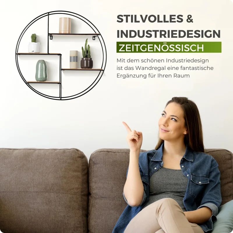 Intimo Living Schwarzes Industrial Wandregal aus Holz und Metall - Edles, rundes Regal für die Wand für Bücher, Deko, Küche und Badezimmer - 55 x 11 cm Hängeregal - Schweberegal