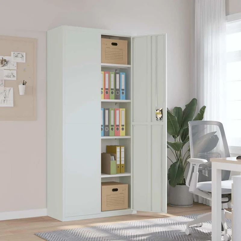 Aktenschrank Hellgrau aus pulverbeschichtetem Stahl 90x40x200 cm mit 4 Einlegeböden abschließbar für Büro, Homeoffice, Arbeitszimmer, zur sicheren Archivierung von Ordnern und Dokumenten