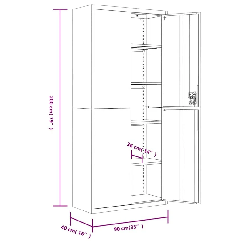 Aktenschrank Hellgrau aus pulverbeschichtetem Stahl 90x40x200 cm mit 4 Einlegeböden abschließbar für Büro, Homeoffice, Arbeitszimmer, zur sicheren Archivierung von Ordnern und Dokumenten