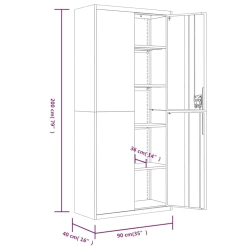 Aktenschrank Hellgrau aus pulverbeschichtetem Stahl 90x40x200 cm mit 4 Einlegeböden abschließbar für Büro, Homeoffice, Arbeitszimmer, zur sicheren Archivierung von Ordnern und Dokumenten