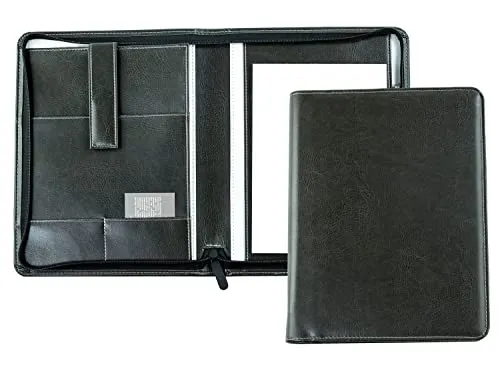 DELMON VARONE - Tablet Schreibmappe mit Reißverschluss inkl. Notizblock DIN A5 (50 Blatt) aus veganem Eco Kunstleder Grau - Organizer Konferenz Mappe mit Stifthalter & Einsteckfach - Dokumentenmappe