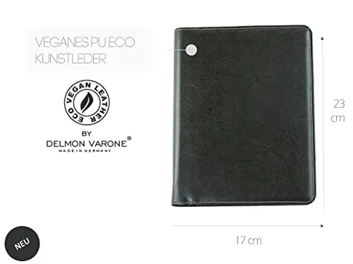 DELMON VARONE - Tablet Schreibmappe mit Reißverschluss inkl. Notizblock DIN A5 (50 Blatt) aus veganem Eco Kunstleder Grau - Organizer Konferenz Mappe mit Stifthalter & Einsteckfach - Dokumentenmappe