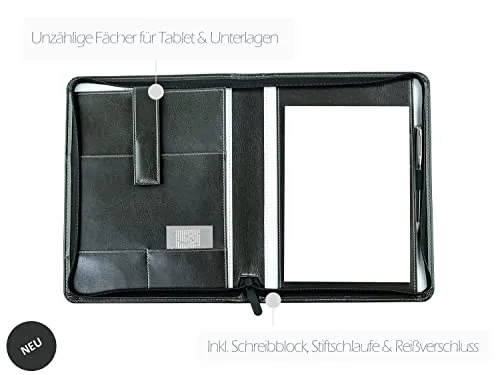 DELMON VARONE - Tablet Schreibmappe mit Reißverschluss inkl. Notizblock DIN A5 (50 Blatt) aus veganem Eco Kunstleder Grau - Organizer Konferenz Mappe mit Stifthalter & Einsteckfach - Dokumentenmappe