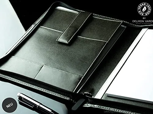DELMON VARONE - Tablet Schreibmappe mit Reißverschluss inkl. Notizblock DIN A5 (50 Blatt) aus veganem Eco Kunstleder Grau - Organizer Konferenz Mappe mit Stifthalter & Einsteckfach - Dokumentenmappe