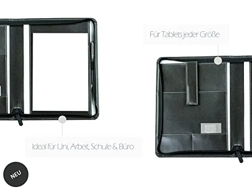 DELMON VARONE - Tablet Schreibmappe mit Reißverschluss inkl. Notizblock DIN A5 (50 Blatt) aus veganem Eco Kunstleder Grau - Organizer Konferenz Mappe mit Stifthalter & Einsteckfach - Dokumentenmappe