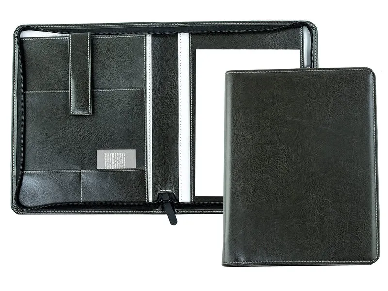 DELMON VARONE - Tablet Schreibmappe mit Reißverschluss inkl. Notizblock DIN A5 (50 Blatt) aus veganem Eco Kunstleder Grau - Organizer Konferenz Mappe mit Stifthalter & Einsteckfach - Dokumentenmappe