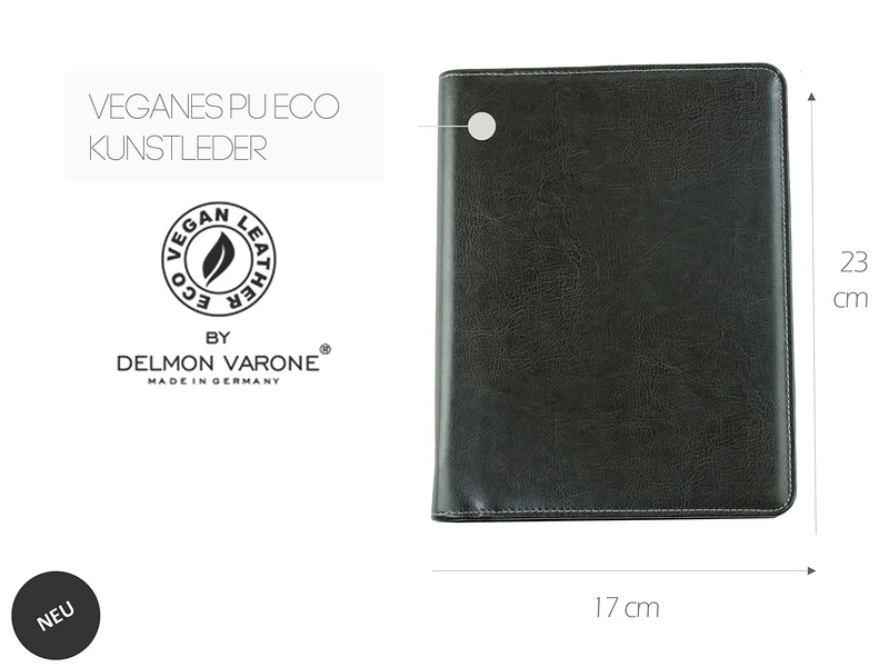 DELMON VARONE - Tablet Schreibmappe mit Reißverschluss inkl. Notizblock DIN A5 (50 Blatt) aus veganem Eco Kunstleder Grau - Organizer Konferenz Mappe mit Stifthalter & Einsteckfach - Dokumentenmappe