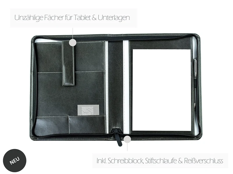 DELMON VARONE - Tablet Schreibmappe mit Reißverschluss inkl. Notizblock DIN A5 (50 Blatt) aus veganem Eco Kunstleder Grau - Organizer Konferenz Mappe mit Stifthalter & Einsteckfach - Dokumentenmappe