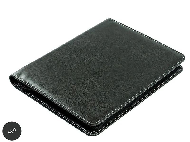 DELMON VARONE - Tablet Schreibmappe mit Reißverschluss inkl. Notizblock DIN A5 (50 Blatt) aus veganem Eco Kunstleder Grau - Organizer Konferenz Mappe mit Stifthalter & Einsteckfach - Dokumentenmappe